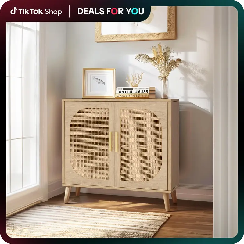 【Laborday】Rattan Storage Cabinet，Accent Bathroom Floor Cabinet，with Two Doors and 4 compartments for Storage，for Li...