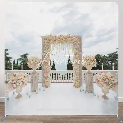 Aperturee Clouds Sky Floral Arch Wedding Pillow Cover Backdrop, 6X6FT(1.8X1.8M), 111 USD, square double-sided backdrops, DSYM...