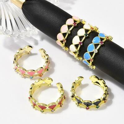 Brass Micro Pave Cubic Zirconia Enamel Cuff Rings for Women