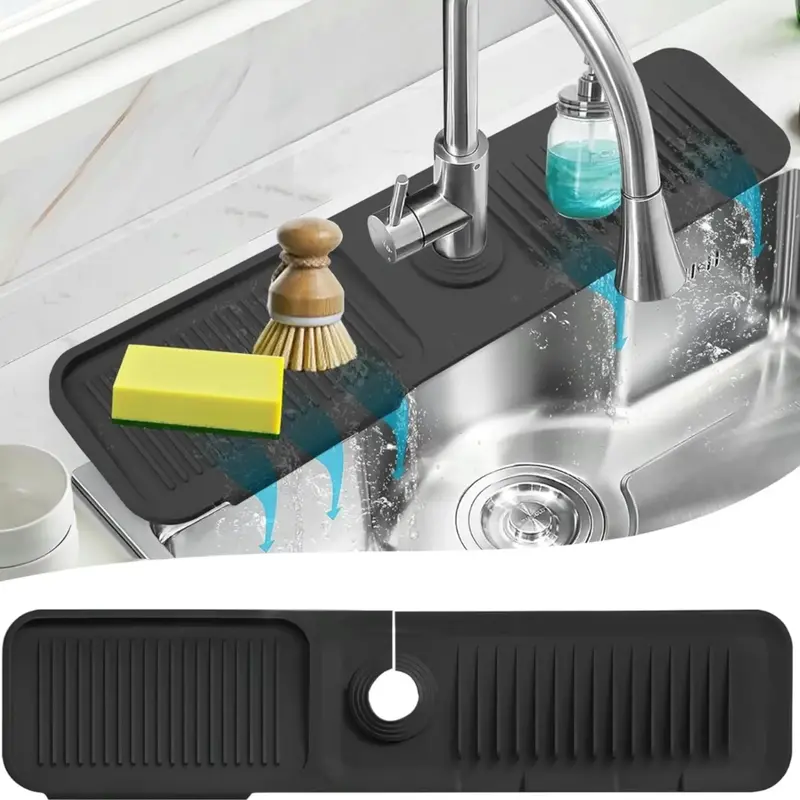 Kitchen Sink Protector Silicone Faucet Mat with Drip Collector Quick Dry Stone Tray for Faucet Handle Upgraded Drainage Mat f...