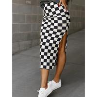 Elegant Women's Checkered Midi Skirt with Side Slit - Slimming, Casual Style in Black & White, Perfect for Fall, Machine Wash...