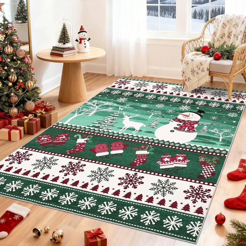 Garvee 8x10 Christmas Area Rug,Snowflake Print Washable Living Room Carpet, Non-Slip Low Pile Rug with Rubber Backing, Thin F...