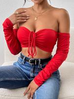 Women's Y2k Solid Off Shoulder Crop Tee, Fall Outfits, T Shirts for Women, Fallfreshness Elegant Ruched Drawstring Front Crop...