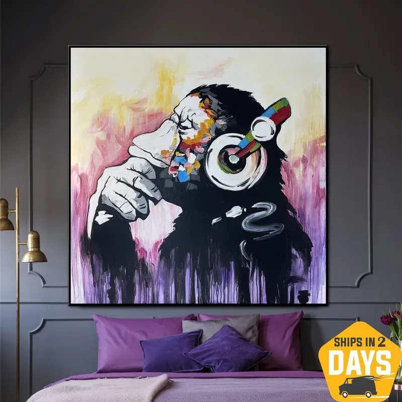 Abstract Monkey In Headphones Painting On Canvas Original Animal Hand Painted Artwork | POSITIVE VIBRATION 50"x50"
