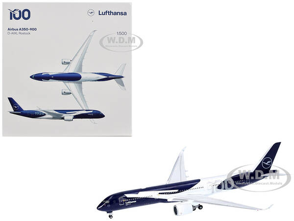 Airbus A350-900 Commercial Aircraft Lufthansa 100 Years (D-AIXL) Blue with Graphics 1/500 Diecast Model Airplane by Herpa