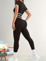 Women's Patchwork Print Tape Sports Crop Top & High Waist Leggings Tracksuit Set, Round Neck Short Sleeve T-shirt & Skinny Pa...
