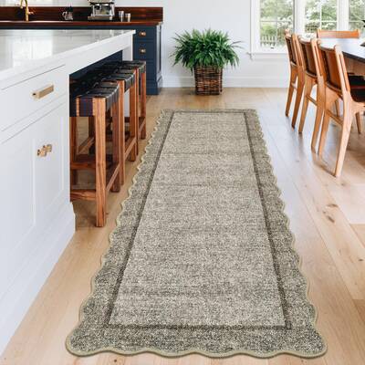 Garvee Long Runner Rug 2x10 Scalloped Runner Neutral Accent Rug with Non Slip TPR Backing, Low Pile Thin Kitchen Mats, Soft N...