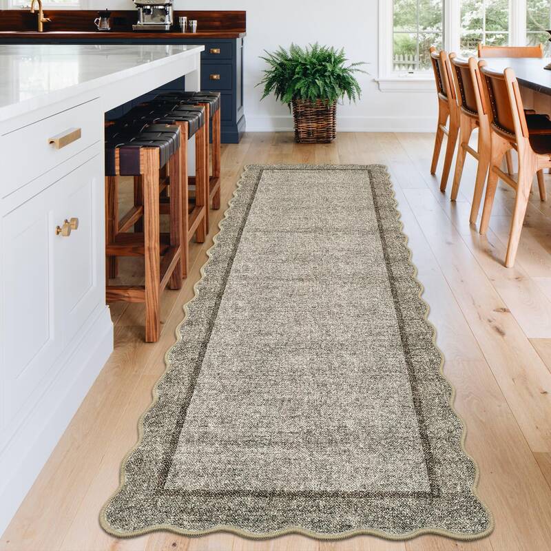 Garvee Long Runner Rug 2x10 Scalloped Runner Neutral Accent Rug with Non Slip TPR Backing, Low Pile Thin Kitchen Mats, Soft N...