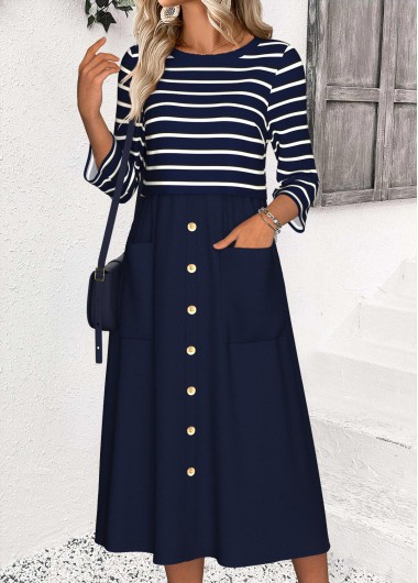 Modlily Navy Tummy Coverage Striped 3/4 Sleeve Round Neck Dress - L