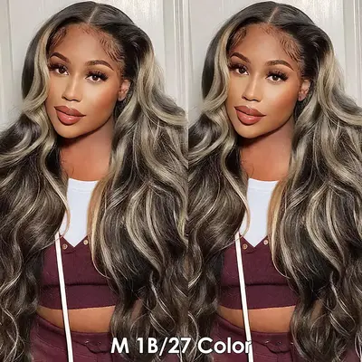 Pizazz Hair 1B/27 Highlight Body Wave Lace Front Wigs 8x5 Glueless HD Transparent Lace Frontal Wigs for Women Honey Blonde Om...