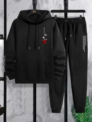 Two-piece Set Men's Letter & Rose Print Pocket Hoodie & Drawstring Waist Sweatpants Set, Casual Regular Fit Pullover Hooded S...