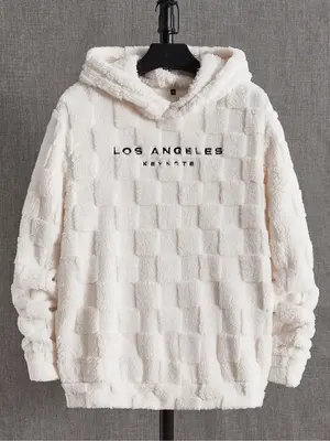 Men's Letter Embroidery Fuzzy Flannel Hoodie, Casual Long Sleeve Fluffy Hooded Pullover Sweatshirt for Daily Wear, Men's Drip...