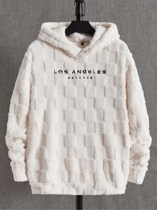 Men's Letter Embroidery Fuzzy Flannel Hoodie, Casual Long Sleeve Fluffy Hooded Pullover Sweatshirt for Daily Wear, Men's Drip...