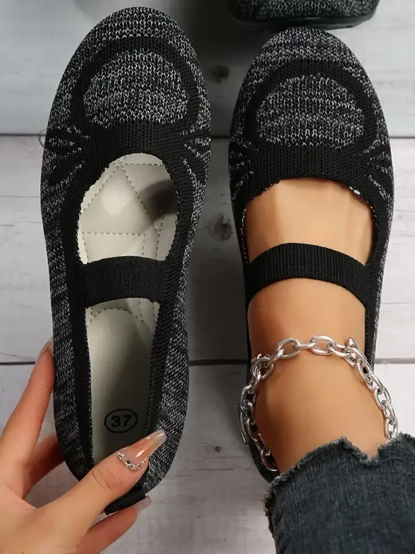 Women's Fashionable Gingham Pattern Knitted Flat Shoes, Comfortable Hollow out Non-slip Elastic Wide Band Design Flat Shoes, ...