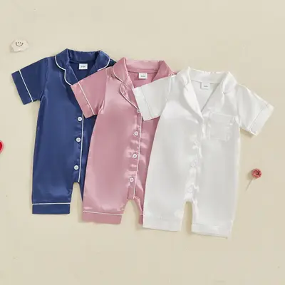 Newborn Baby Girl Boy Silk Pajamas Short Sleeve Button Down Satin Infant Pjs Jumpsuit Loungewear
