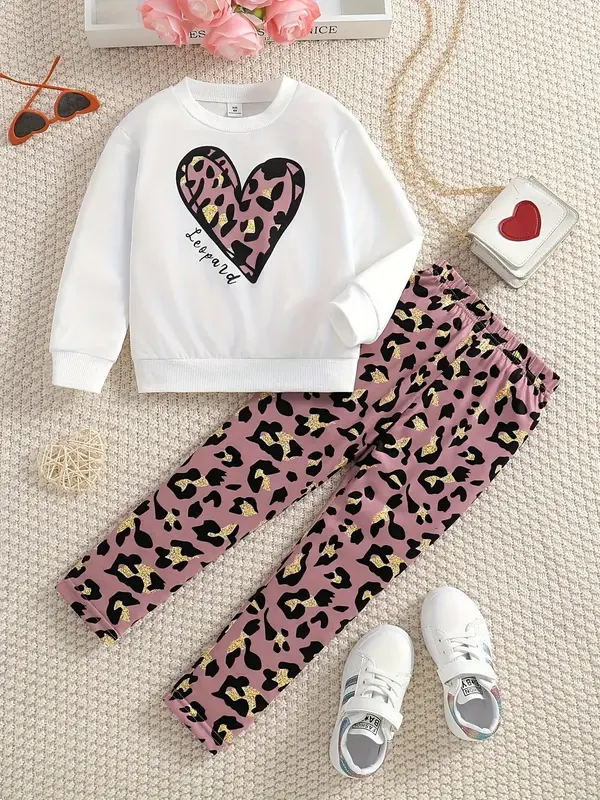 Two-piece Set Girl's Leopard Heart Print Sweatshirt & Elastic Waist Pants Set, Casual Round Neck Long Sleeve Pullover & Trous...
