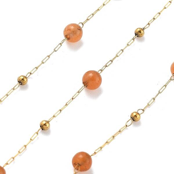 Natural Red Aventurine & 304 Stainless Steel Beads Link Chains