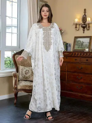 Women's Floral Pattern Robe & Long Sleeve Dress Set, Elegant Long Dress & Robe Set for Party Wedding Guest, Ladies Islamic ...