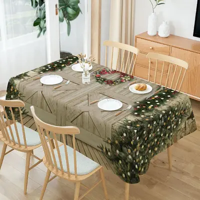 Green Xmas Tree Wood Door Brick Christmas Tablecloth - Aperturee