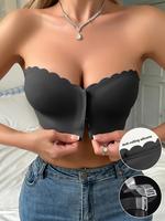 Women's Solid Scallop Trim Hook & Eye Front Wireless Bandeau Bra, Curvy Comfortable Breathable Seamless Strapless Bralette fo...