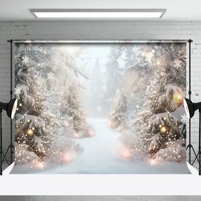 Aperturee Foggy Snowy Pine Forest Light Winter Photo Backdrop - Aperturee