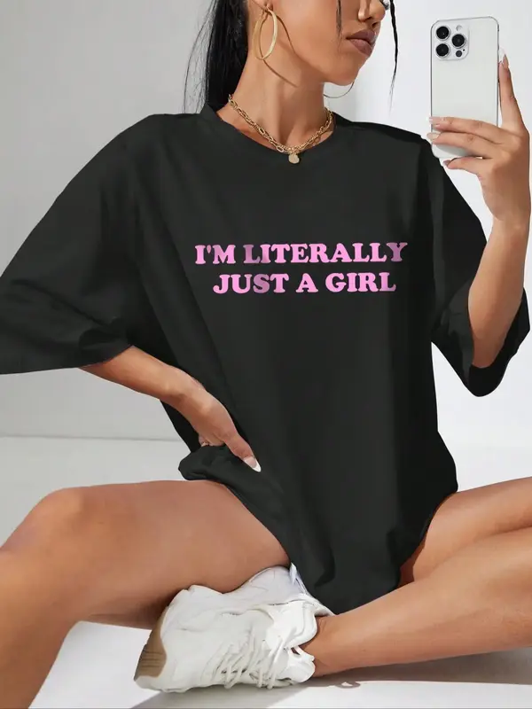 Women's Slogan Print Round Neck Graphic Tee, Vintage Trendy Style Casual Drop Shoulder Half Sleeve T-shirt For Daily Wear, La...