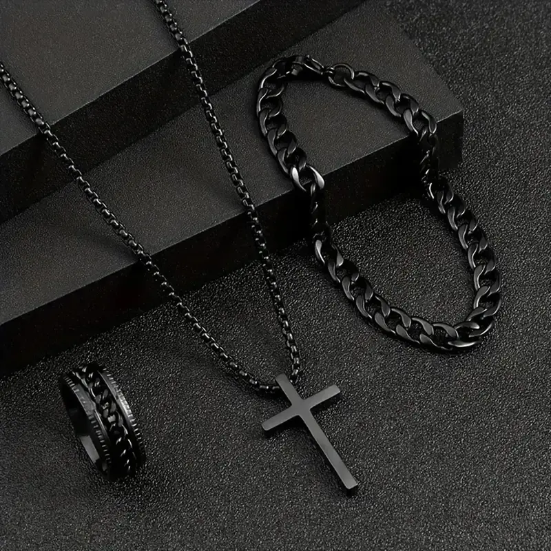 Cross three-piece necklace bracelet ring daily wear gift men's accessories