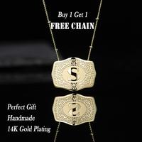 Holylegend 14K Gold Initial Letter Pendant Necklace with Embossed Belt Buckle, Buy 1 Get 1 Free Chain,18\