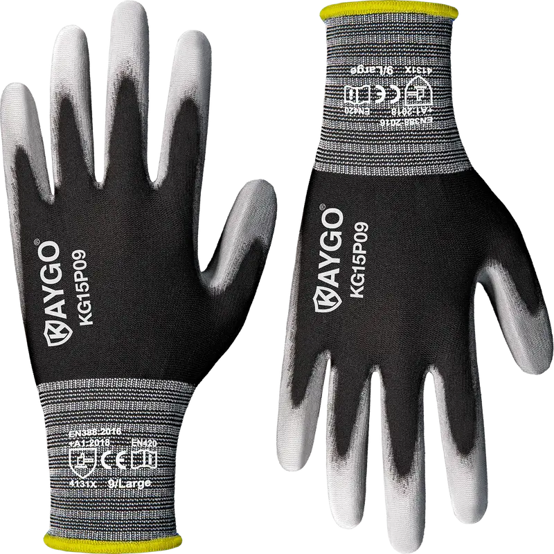 KAYGO Work Gloves PU Coated 12 Pairs, KG15P, Nylon Liner with Flexible Polyurethane Coating, Safety Work Gloves for DIY, Asse...