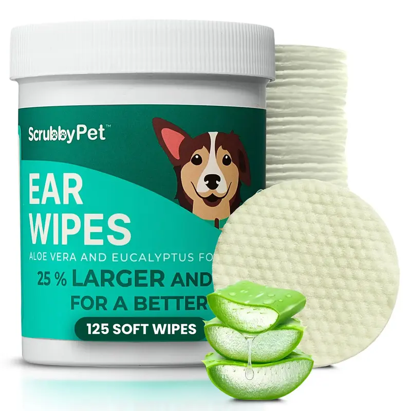 ScrubbyPet Dog Ear Wipes Extra Thick with Aloe & Eucalyptus 125 Count Hypoallergenic Cleaner with Pearl Texture for a Deeper ...
