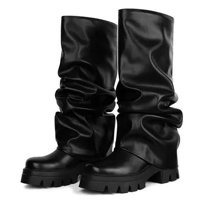 CELNEPHO Slouchy Boots for Women Wide Calf Fold Over Boot Pleated Platform Boots Metallic Silver Boots Chunky Stacked Boots K...