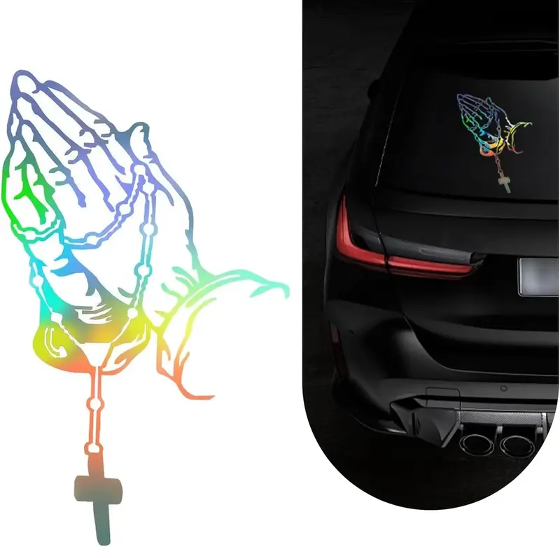 RAVOONY Elegant Praying Hands Cross Rosary Gesture Laser Sticker Prayer Gesture Body Window Easy to Use Waterproof Vinyl Deca...