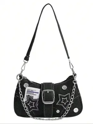 Women's Y2k Style Star Design Chain Strap Shoulder Bag, Fashionable Chain Decorated Crossbody Bag for Daily Used, Casual Tren...