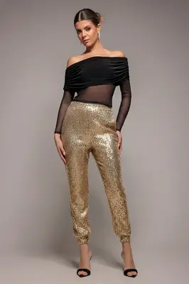 Goddiva Sequin Cuffed Ankle Pant - Gold