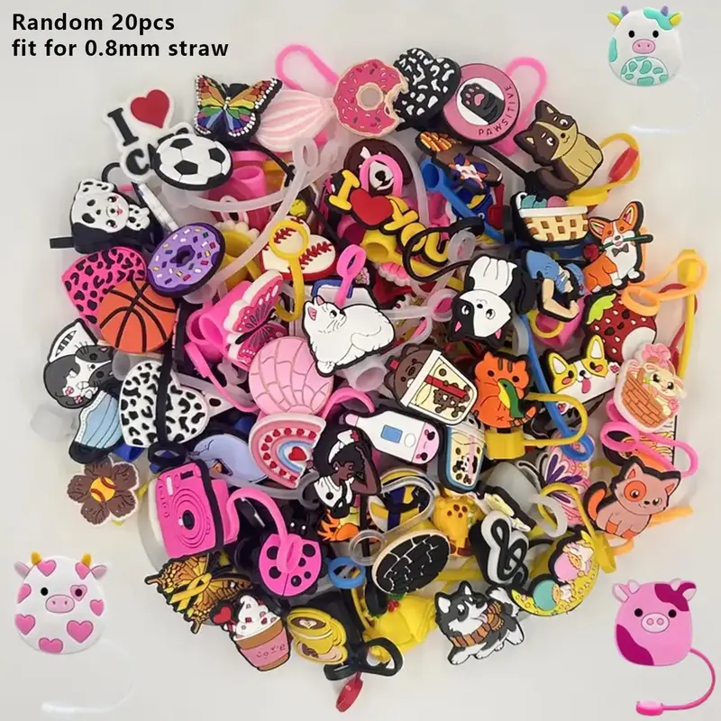 Random Color Cute Cartoon Silicone Straw Cap, 20pcs Reusable Straw Cover, Drinkware Accessories for Home Kitchen Party Festiv...