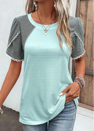 Modlily Light Blue Patchwork Short Sleeve T Shirt - L