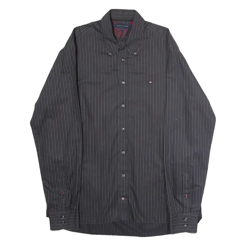 TOMMY HILFIGER Mens Shirt Black Striped Long Sleeve L