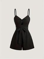 Women's Solid Color Tie Front Romper, Casual Fashion Zip Up Romper for Daily Wear, Ladies Clothes for All Seasons, Womenswear