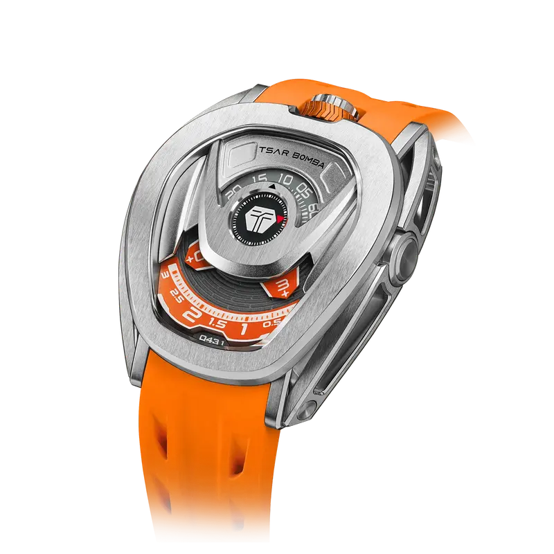 TSAR BOMBA Men's Reactor Series Automatic Mechanical Watch | Silver Orange | Wandering Hour Satellite Display | Waterproof Lu...