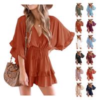 Yousify Womens V Neck Beach Romper Ruffle Layered Drawstring Waisted Shorts cute Jumpsuit
