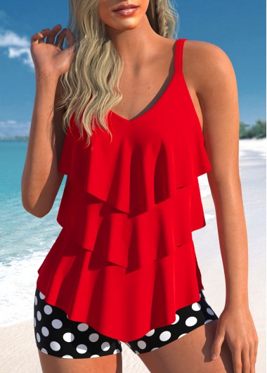 Modlily Handkerchief Hem Polka Dot Red Tankini Set - XL