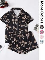 Women's Casual Bow Print Short Sleeve Lapel Neck Tee & Elastic Waist Shorts Pyjama Set, Ladies Sleepwear for All Seasons, Paj...