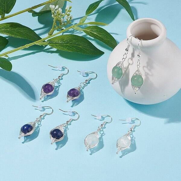 Round Natural Stone Braided Dangle Earrings