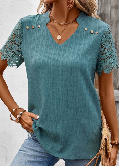 Modlily Turquoise Lace Short Sleeve Split Neck Blouse - M