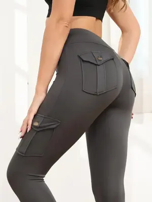 Women's Plain Pocket High Waist Sports Leggings, Casual Comfy Breathable Skinny Pants for Yoga Gym Workout Running, Ladies Sp...