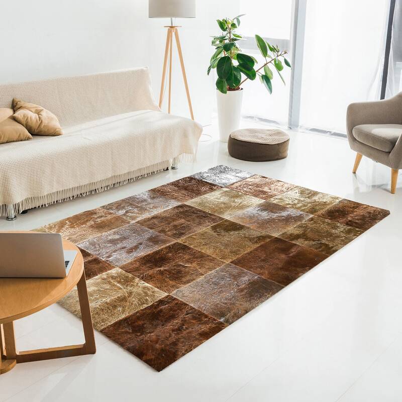 Bronze & Copper Leaf Natural Cowhide Patchwork Rug
