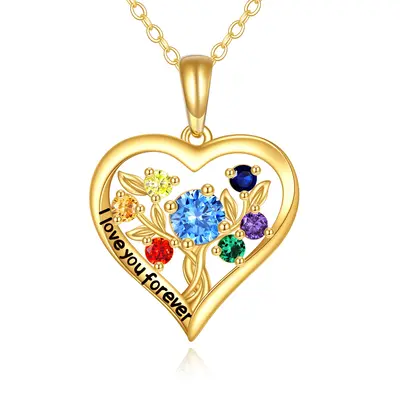 14K Gold Round Color Cubic Zirconia Tree Of Life & Heart Pendant Necklace