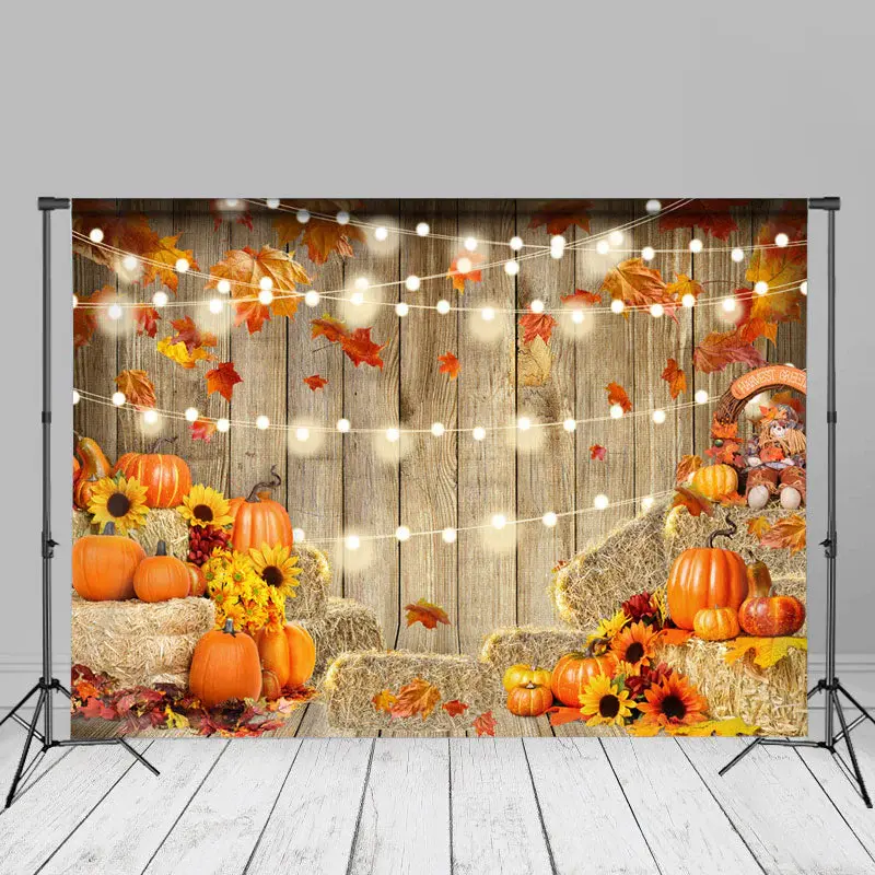 Pumpkin Haystacks Wood Wall Bulbs Autumn Backdrop - Aperturee