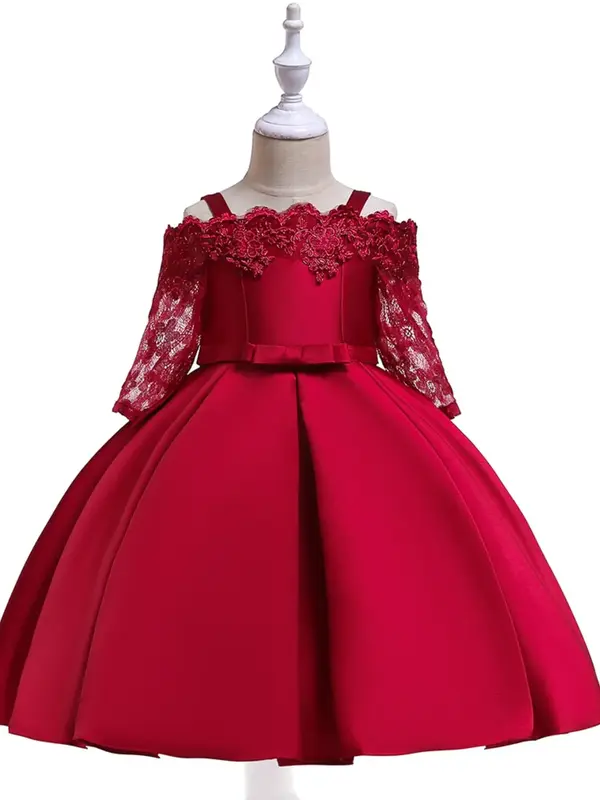 Girl's Appliques Bow Back Cold Shoulder Lace Dress, Elegant Long Sleeve Contrast Lace Party Dress For Girls Photo Shoot, Kids...