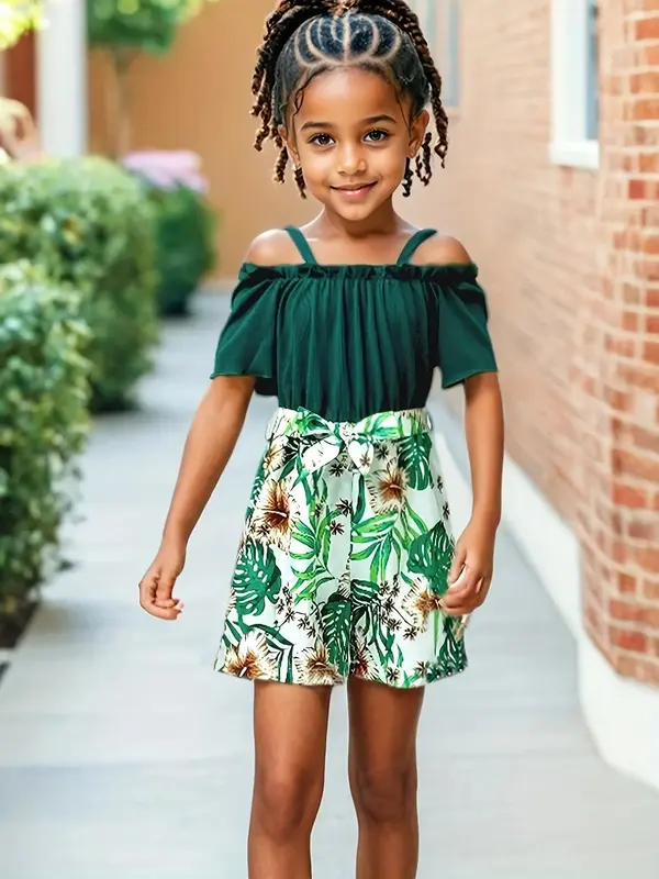 Girl's Leaf Print Short Jumpsuit, Casual Fashion Romper for Daily Outdoor Wear, Kids Clothes for Summer, Girly Clothing